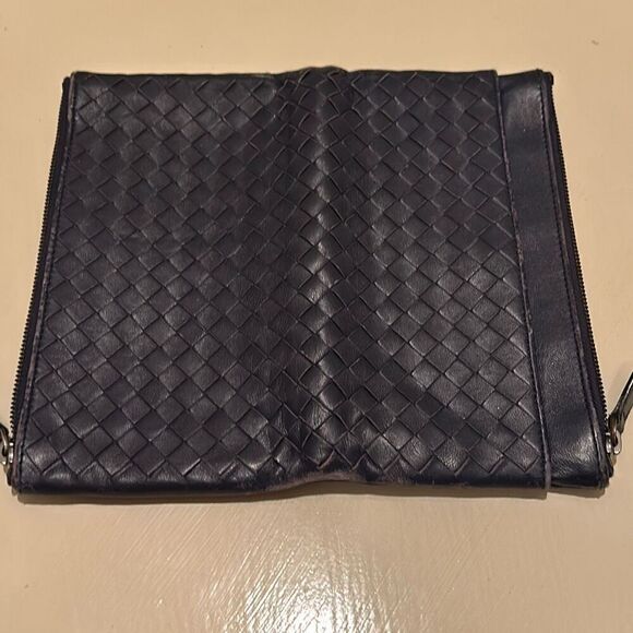 Bottega Veneta Double Zipper Foldover Clutch Wallet Navy Blue Woven Leather - Picture 14 of 14